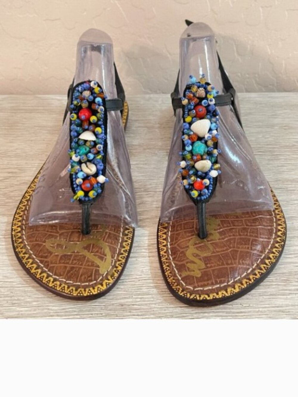 New Sam Edelman Sandals 6.5 Gabrielle Black Beads Shells T Strap Thong Slingback